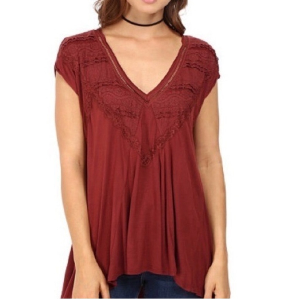 Free People V-Neck Lace Blouse - Deep Red